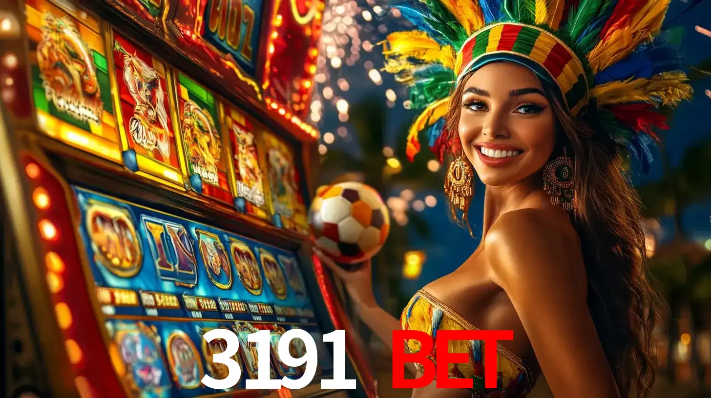 Mulher com um cocar de carnaval ao lado de uma máquina de caça-níqueis enquanto segura uma bola de futebol, mostrando a união da diversão de cassino e esportes no 3191 BET.