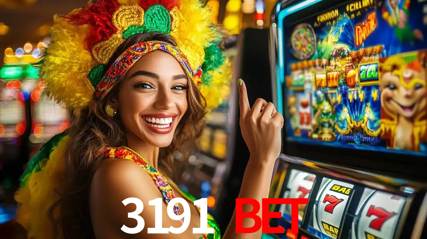 Mulher animada com um cocar de carnaval apontando para uma máquina de caça-níqueis, mostrando a emoção de ganhar um grande prêmio nos jogos do 3191 BET.