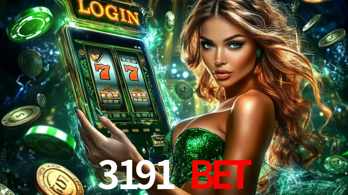 Mulher com tema verde apresentando o aplicativo do cassino 3191 BET com um jogo de slot de 777, cercada por fichas de cassino e uma aura de sorte.