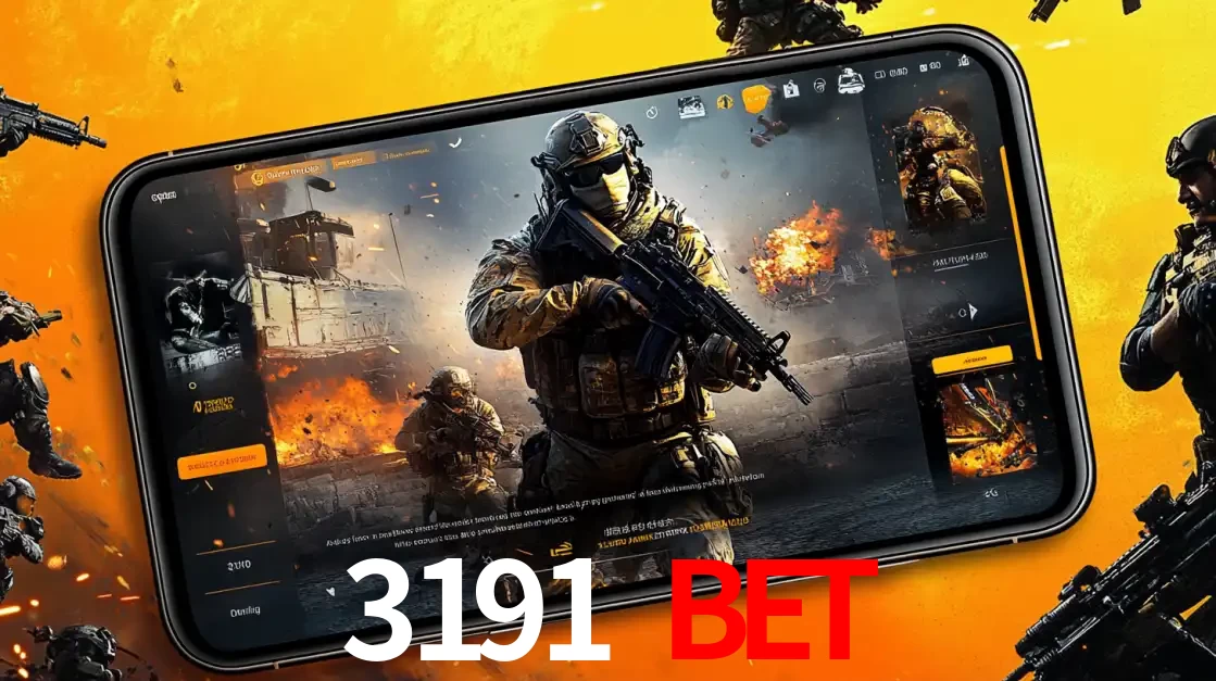 Um smartphone exibindo a interface de um jogo de tiro em primeira pessoa, com um soldado em um cenário de batalha, representando a ação dos e-sports para apostar no 3191 BET.