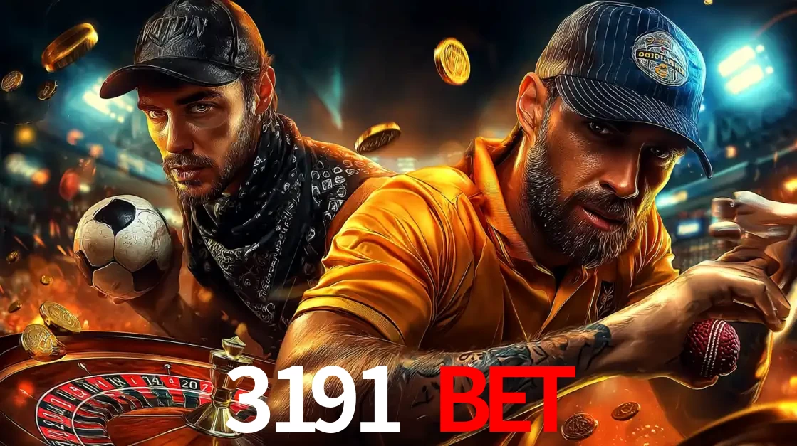 Montagem de apostas esportivas e cassino no 3191 BET, com um homem segurando uma bola de futebol e outro uma de beisebol sobre uma roleta e moedas voadoras.