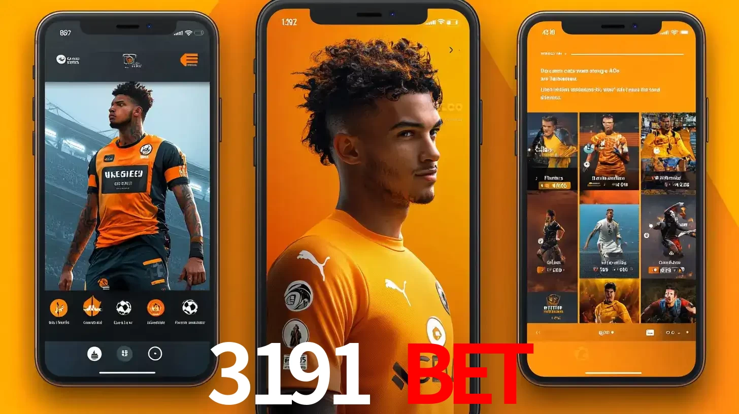 Interface do aplicativo de apostas esportivas 3191 BET em três telas de celular, mostrando o perfil de um jogador de futebol e a lista de jogos disponíveis para apostar.
