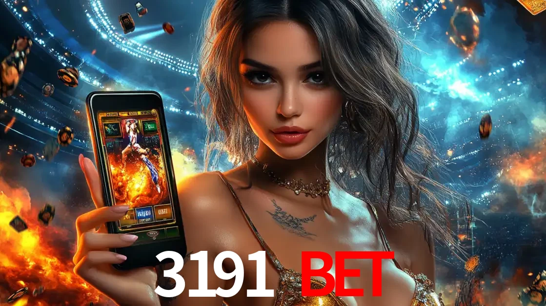 Mulher segurando um celular com um jogo de slot em destaque, tendo como fundo um estádio vibrante, simbolizando a emoção de jogar no cassino móvel 3191 BET.
