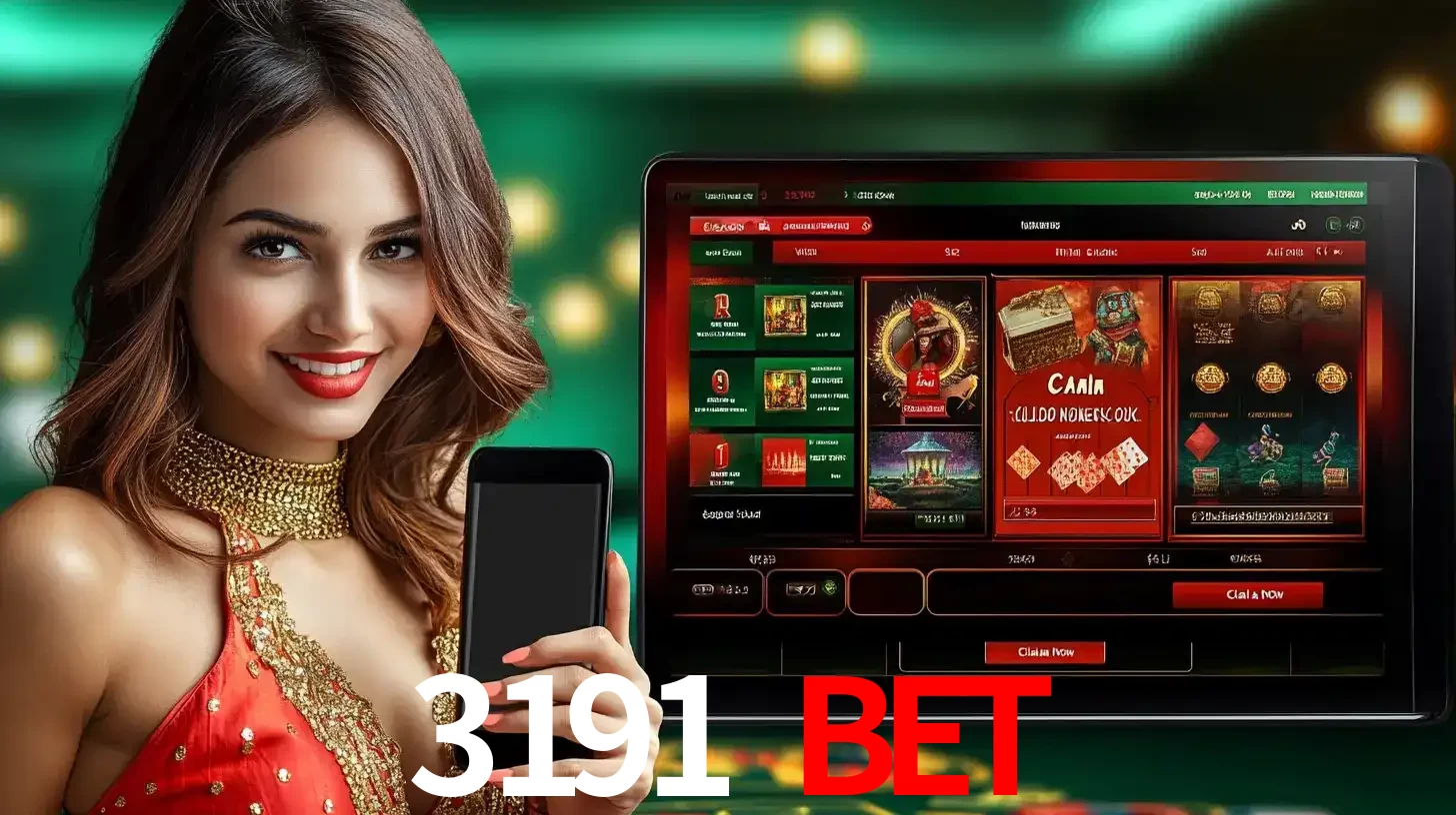 Mulher sorridente segurando um smartphone, ao lado de uma tela exibindo o lobby de jogos do cassino online 3191 BET, com várias opções de jogos de cartas e slots.